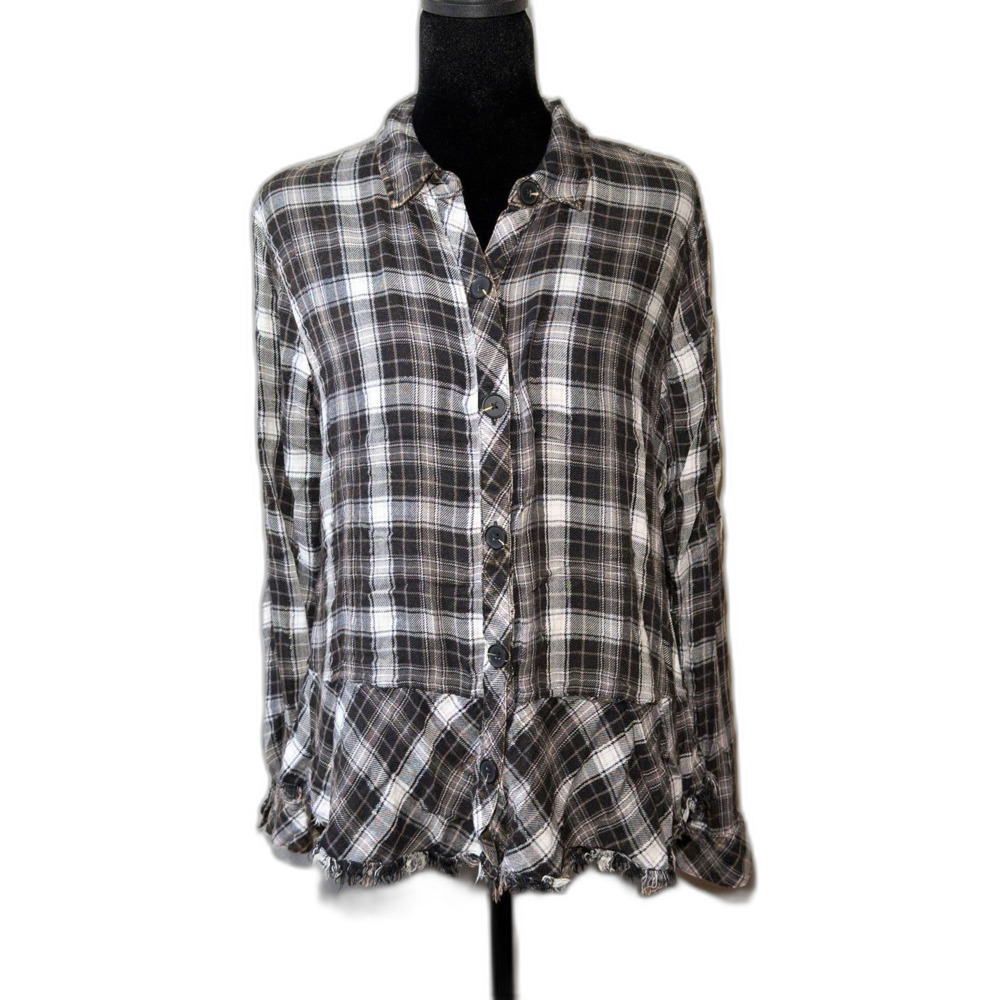 Democracy Women’s Plaid Collared Button-Up Long Sleeve Ruffle Fringe Top Size M